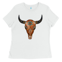 White Western Tooled Leather Bull Skull Ladies Tee - Jasminsmagicworld