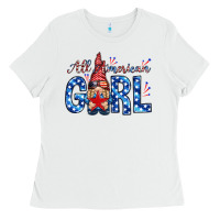 White all american girl with gnome Ladies Tee - NancyCooperArtShop