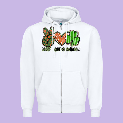 Peace Love Shamrock Zipper Hoodie Designed By Fadigitalartstudio