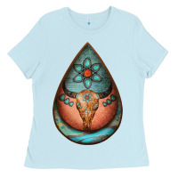 Baby Blue teardrop tooled leather bullskull earrings Ladies Tee - Jasminsmagicworld