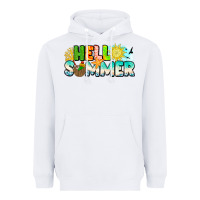 White Hello Summer Heavyweight Hoodie - CowhideDigitalArt
