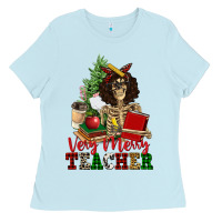 Baby Blue very merry teacher skeleton Ladies Tee - NancyCooperArtShop