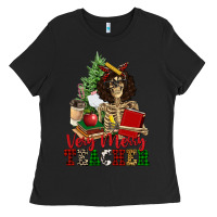 Black very merry teacher skeleton Ladies Tee - NancyCooperArtShop
