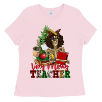 Bubblegum Pink very merry teacher skeleton Ladies Tee - NancyCooperArtShop