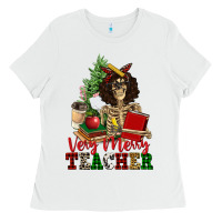 White very merry teacher skeleton Ladies Tee - NancyCooperArtShop