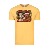Vintage Mustard christmas heifer and highland cow with serape background Vintage Tee - RanaPortraitStore