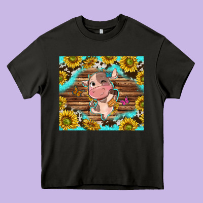 Western Cute Cow With Sunflower Heavy Core Tee Designed By Nancycooperartshop
