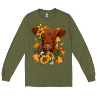 Army Green fall red angus calf dried leaves and sunflowers Long Sleeve Tee - RanaPortraitStore