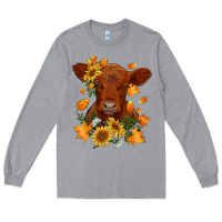 Heather Grey fall red angus calf dried leaves and sunflowers Long Sleeve Tee - RanaPortraitStore
