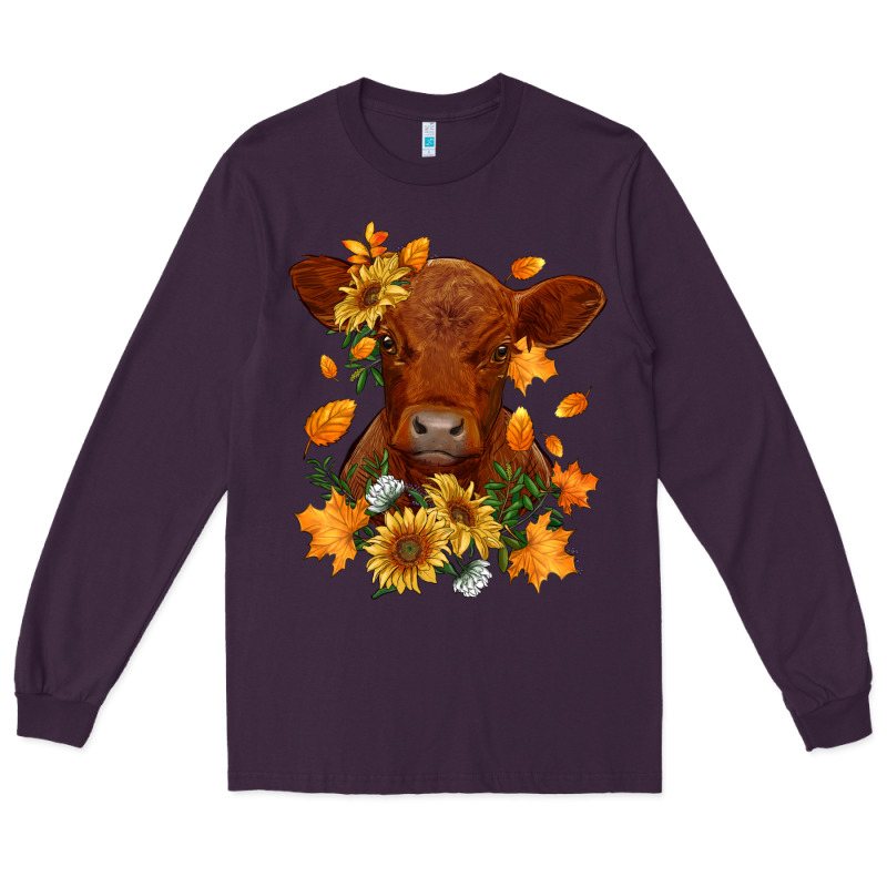 Fall Red Angus Calf Dried Leaves And Sunflowers Long Sleeve Tee by RanaPortraitStore | Teevron