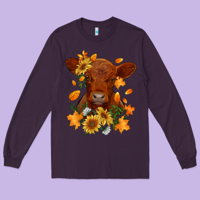 Fall Red Angus Calf Dried Leaves And Sunflowers Long Sleeve Tee Designed By Ranaportraitstore