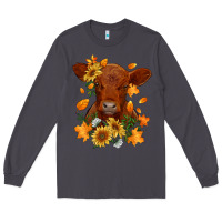 Smoke fall red angus calf dried leaves and sunflowers Long Sleeve Tee - RanaPortraitStore