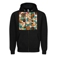 Black bakery coffee cups cookie and donut with turquoise glitter seamless pa Zipper Hoodie - BundleAndBundleShop