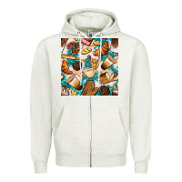 Oatmeal Heather bakery coffee cups cookie and donut with turquoise glitter seamless pa Zipper Hoodie - BundleAndBundleShop