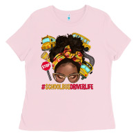 Bubblegum Pink school bus driver life afro messy bun Ladies Tee - NancyCooperArtShop