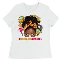 White school bus driver life afro messy bun Ladies Tee - NancyCooperArtShop