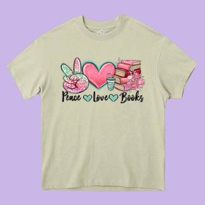 Peace Love Books Heavy Core Tee Designed By Maliassmallbusiness