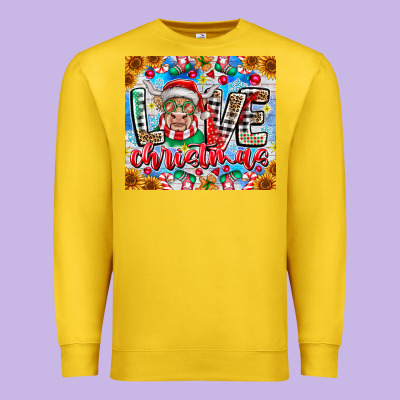 Love Christmas Highland Cow Premium Sweatshirt Designed By Cowhidedigitalart