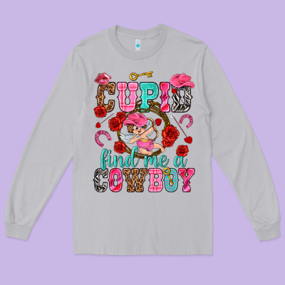 Cupid Find Me A Cowboy Valentine's Day Long Sleeve Tee Designed By Howdyjamesfarm