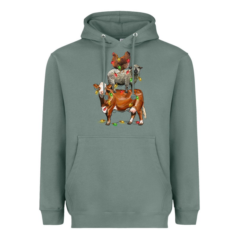 Christmas Cow Sheep And Chicken Heavyweight Hoodie by LillyAllenDesigns | Teevron