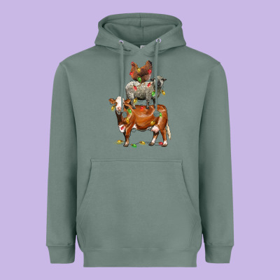 Christmas Cow Sheep And Chicken Heavyweight Hoodie Designed By Lillyallendesigns