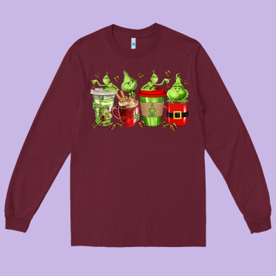 Grinch Coffee Cups Long Sleeve Tee Designed By Texasbilliewilder