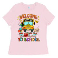 Bubblegum Pink welcome back to school with school bus Ladies Tee - NancyCooperArtShop
