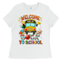 White welcome back to school with school bus Ladies Tee - NancyCooperArtShop