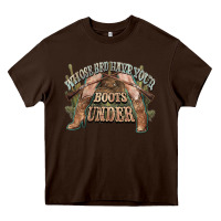 Chocolate Brown whose bed have your boots under cowboy western Heavy Core Tee - NancyCooperArtShop