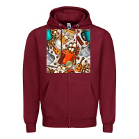 Burgundy camping coffee cups marshmallow and moka pot with leopard seamless pat Zipper Hoodie - BundleAndBundleShop