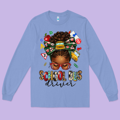 School Bus Driver Afro Messy Bun Long Sleeve Tee Designed By Texasbilliewilder