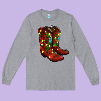 Western Christmas Boots Long Sleeve Tee Designed By Ranaportraitstore