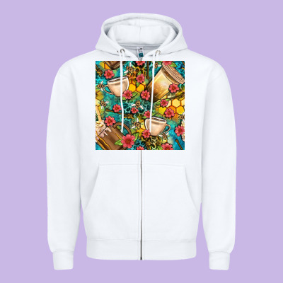 Honey And Bee Coffee Cup With Flowers And Leopard Seamless Pattern Bbs Zipper Hoodie Designed By Bundleandbundleshop