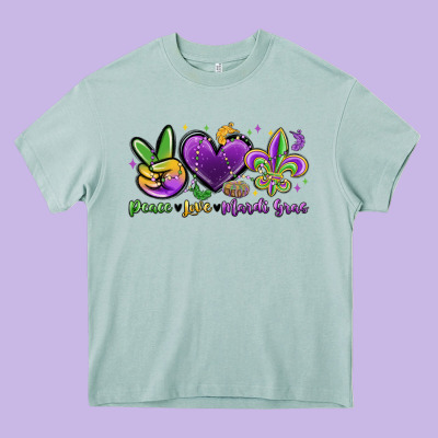 Peace Love Mardi Gras Heavy Core Tee Designed By Maliassmallbusiness