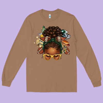 American Football Afro Messy Bun Long Sleeve Tee Designed By Texasbilliewilder