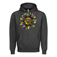Charcoal Heather Mardi Gras Sunflower With Crawfish Zipper Hoodie - BundleAndBundleShop