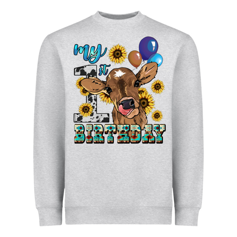 My First Birthday Baby Cow Sunflower Heavyweight Sweatshirt by HowdyJamesFarm | Teevron