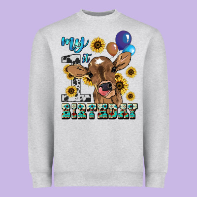 My First Birthday Baby Cow Sunflower Heavyweight Sweatshirt Designed By Howdyjamesfarm