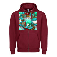 Burgundy fish coffee cups and reeds with paper boat and leopard lake seamless p Zipper Hoodie - BundleAndBundleShop