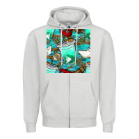 Dove Grey fish coffee cups and reeds with paper boat and leopard lake seamless p Zipper Hoodie - BundleAndBundleShop