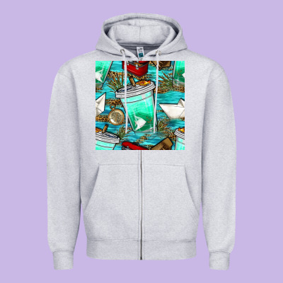 Fish Coffee Cups And Reeds With Paper Boat And Leopard Lake Seamless P Zipper Hoodie Designed By Bundleandbundleshop