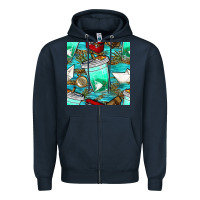 Navy fish coffee cups and reeds with paper boat and leopard lake seamless p Zipper Hoodie - BundleAndBundleShop