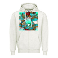 Oatmeal Heather fish coffee cups and reeds with paper boat and leopard lake seamless p Zipper Hoodie - BundleAndBundleShop