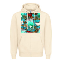 Sandshell fish coffee cups and reeds with paper boat and leopard lake seamless p Zipper Hoodie - BundleAndBundleShop