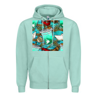 Seafoam fish coffee cups and reeds with paper boat and leopard lake seamless p Zipper Hoodie - BundleAndBundleShop
