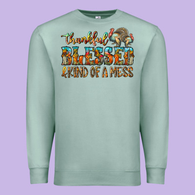 Thankful Blessed And Kind Of A Mess Premium Sweatshirt Designed By Cowhidedigitalart