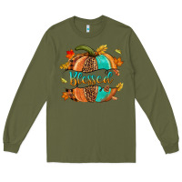 Army Green Blessed pumpkin Long Sleeve Tee - NancyCooperArtShop