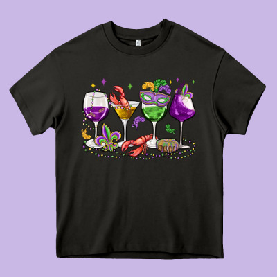 Mardi Gras Wine Glasses Heavy Core Tee Designed By Maliassmallbusiness