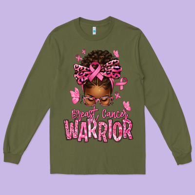 Brest Cancer Warrior Afro Messy Bun Long Sleeve Tee Designed By Texasbilliewilder