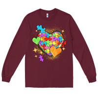 Burgundy Autism hearts Long Sleeve Tee - NancyCooperArtShop